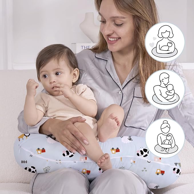 Little Grape Land Nursing Pillow for Breastfeeding, Soft and Supportive Breastfeeding Pillow for Mom and Baby, Cute Feeding Pillow with Removable Cover for 0–12 Months, Blue Ranch