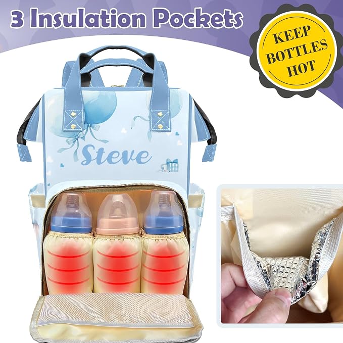 Cute Elephant Large Personalized Diaper Bag Backpack for Baby Boy with Name, Thermal Pockets, Waterproof Custom Baby Bags for Boys, Multi-functional Customized Nappy Bag Mom Travel Daypack