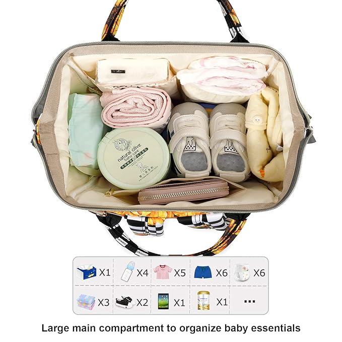 Sunflower Checkered Diaper Bag Backpack for Baby Girls, Mom Waterproof Large Nappy Bags for Women