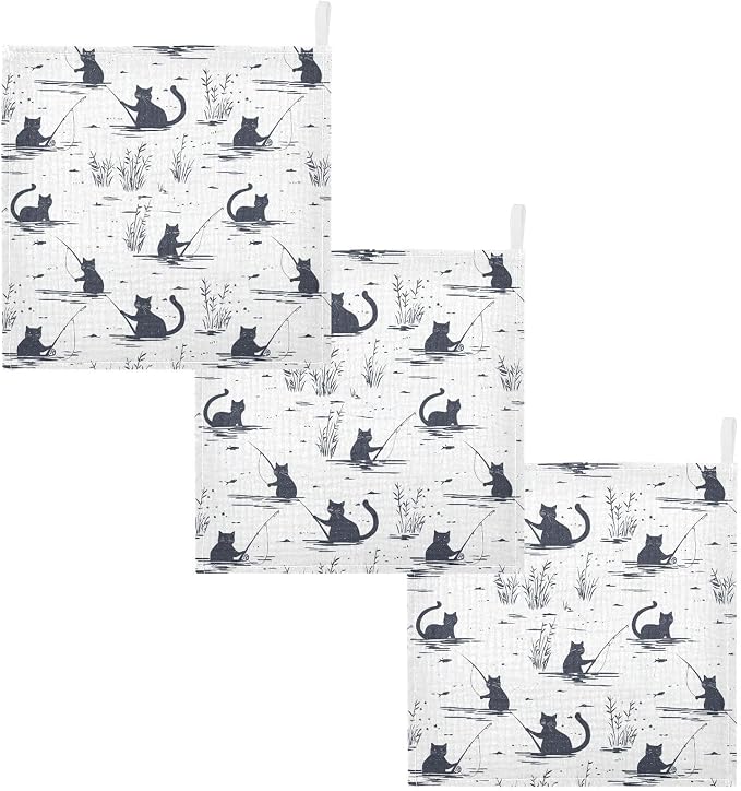 vvfelixl Cat Fishing Baby Burp Cloths Baby Muslin Washcloths for Boys Girls Cotton Babys Face Towel for Newborn Infants Soft and Absorbent 11.8 X 11.8 in, 5 Pack