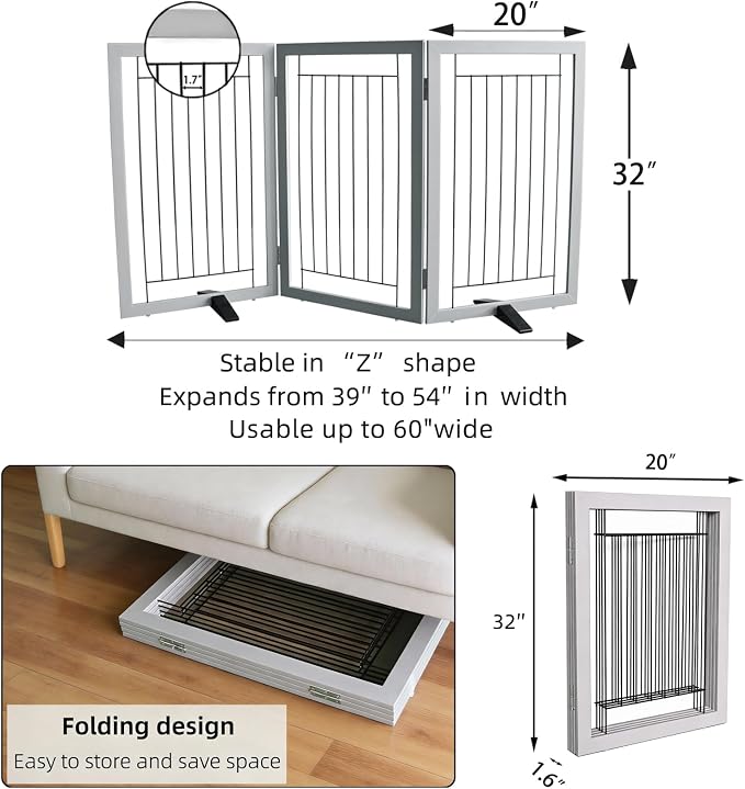 Dog Fence Indoor - 3-Panel Freestanding Dog Gate for Doorways, Hallways, House or Stairs -60x32-Inch Retractable Foldable Expandable Wood Pet by SFJC (Grey)