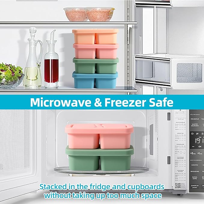 4 Pack Silicone Snack Containers with Lids, 6.8 Oz Double Compartment Food Storage Containers for Picnic, School, Office, Travel Meal Prep and Kitchen Storag