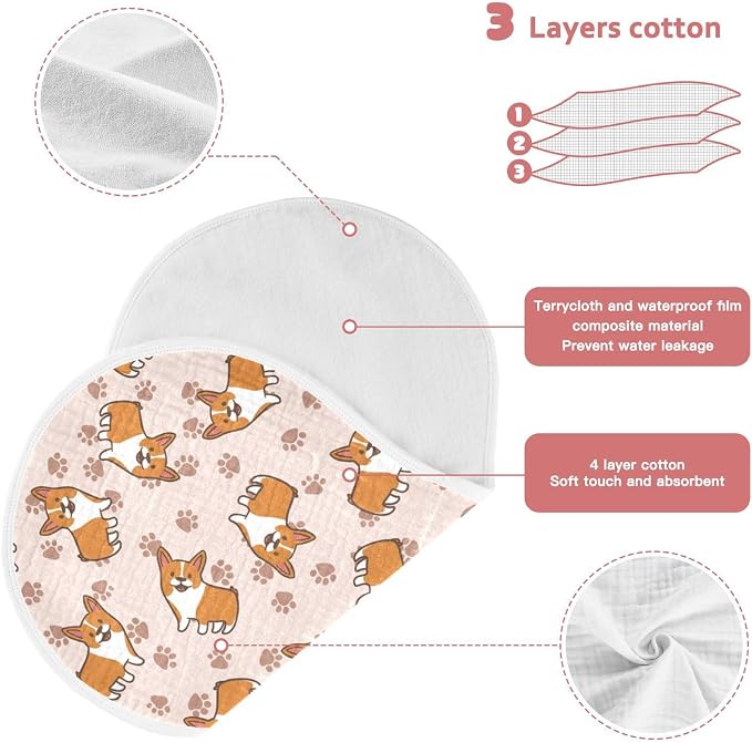 vvfelixl Baby Burp Cloths Cartoon Corgis Baby Newborn Cotton Burping Cloths Set Baby Washcloths 4 Pack Flesh-Colored