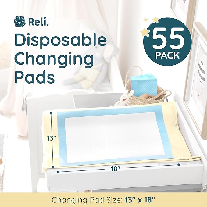 Reli. Disposable Changing Pads for Baby (55 Pack) | Disposable Diaper Changing Pads, 13" x 18" | Super Absorbent, Leak-Proof Liners | Waterproof, Quick Dry Underpads (Blue/White)