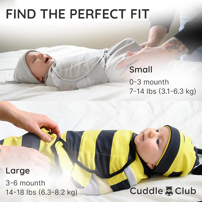Cuddle Club Swaddles for Newborns - Baby Swaddle Blanket for Boys & Girls - Adjustable Hook-and-Loop Cotton Wrap for Newborn 0-3 & 3-6 Months with hat