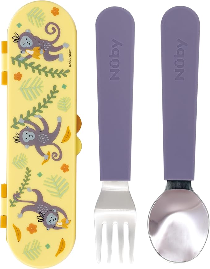 Nuby Stainless Steel Toddler Utensils with Travel Case - Self-Feeding Fork & Spoon Set for Kids - Easy-to-Hold Training Utensils - Rounded Safe Edges for Self-Feeding - Monkeys
