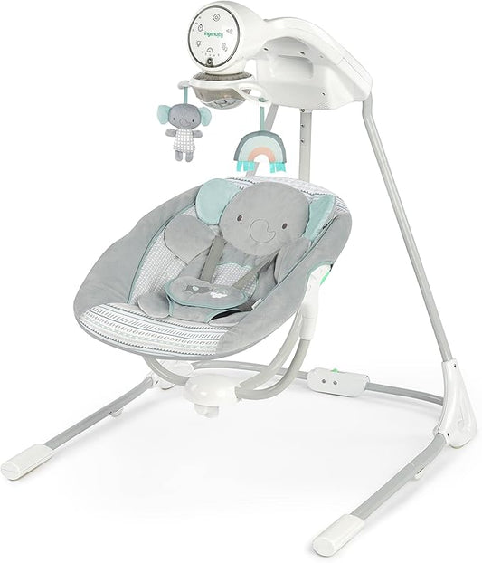 Ingenuity InLighten 5-Speed Baby Swing - Swivel Infant Seat, 5 Point Safety Harness, Nature Sounds, Lights - Van Elephant
