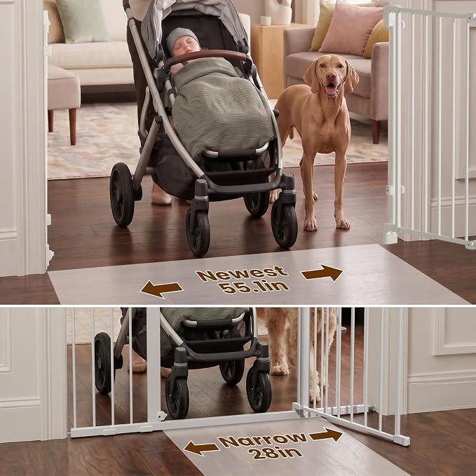 Mumeasy 30" Tall Baby Gate for Stairs, 36.2-55.1" Expandable Hardware Mounted (Drill Needed), Removable No Bottom Bar Dog Gate, Auto Close Wide Walk Thru Safety Gate for Doorways, Pets& Toddlers,White