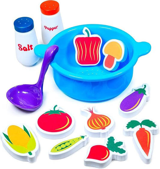 Tub Works® Tub Soup??Scoop, Strain & Play Toddler Bath Toy | Floating Foam Veggies, Ladle for Scooping & Soup Pot for Straining | Pretend Play Cooking Kids Bath Toys | Creative Bathtub Toys