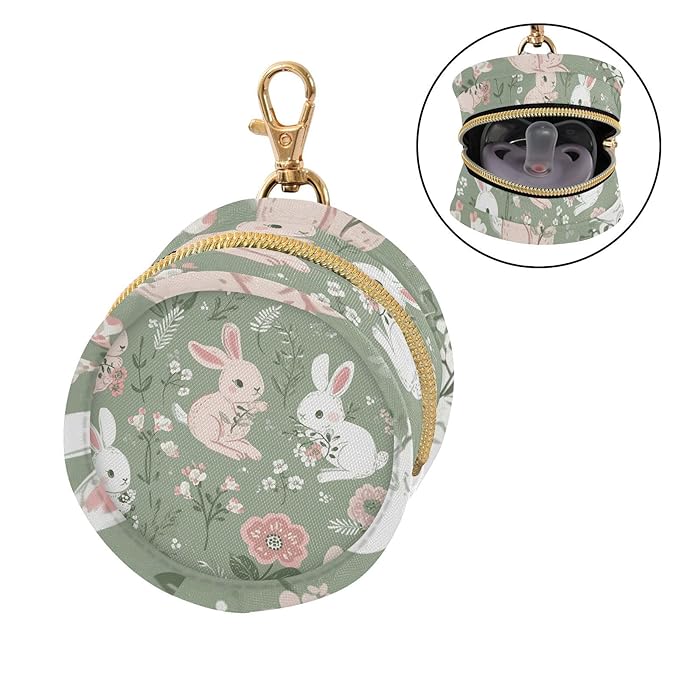 Portable Baby Pacifier Holder Case with Clip Pattern Adorable Bunnies Pacifier Storage Case with Zipper Cash Coin Purse for Stroller Diaper Bag Travel