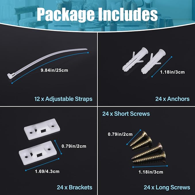 12 Pairs Furniture Anchors for Baby Proofing Anti Tip Child Safety Cabinet Straps to Help Furniture Secure to Wall Baby Proof Anchoring Kit for Shelf & Dresser to Protect Toddler Kid Pet Adjustable