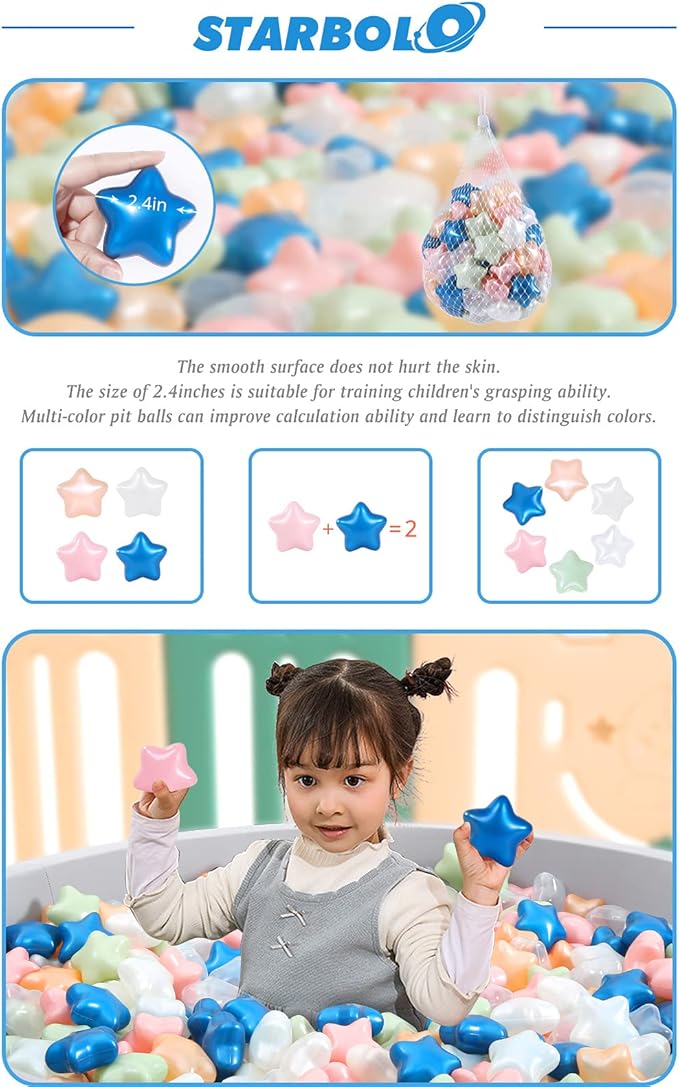 STARBOLO Ball Pit Balls for Toddlers Pack of 100 200 500 - BPA&Phthalate Free Non-Toxic Crush Proof Soft Plastic Balls for 1-5Years Old Toddlers Girl Kids Birthday Pool Playpen Tent Party