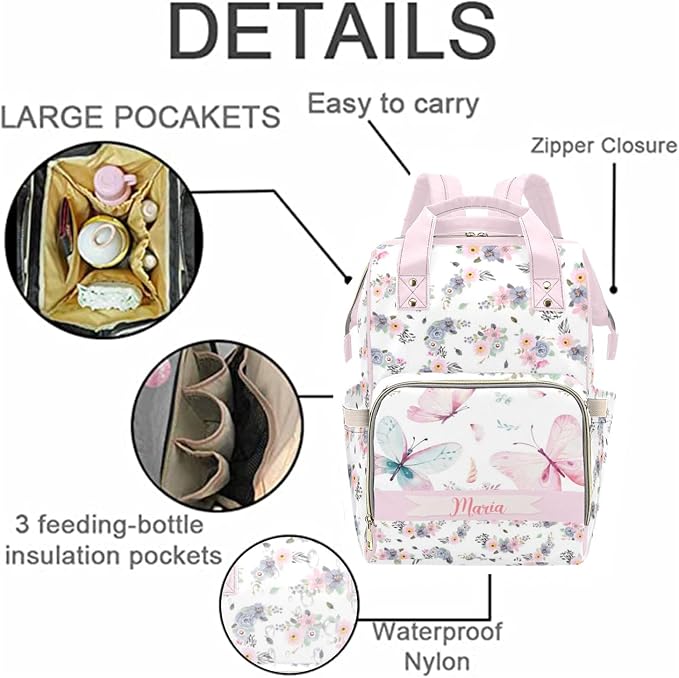 Custom Diaper Bag Backpack with Name Personalized Floral Butterfly Nappy Bag for Mommy Mother's Day Gift Customized Adjustable Shoulders Nursing Bag Daypack