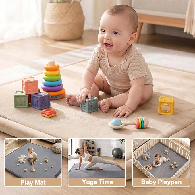 Ultra Soft Baby Play Mat for Floor, 1.3" Thick Memory Foam Tummy Time Mat, Non-Slip Playpen Mat, Baby Playroom Rug, Crawling Mat for Babies,Toddlers, Infants, Kids (Beige, 79"×59"×1.3")