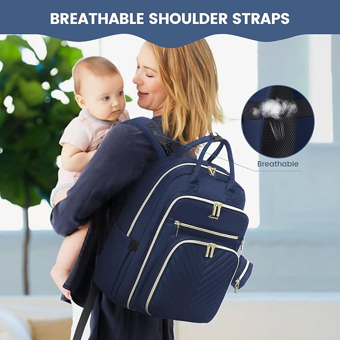 LOVEVOOK Diaper Bag Backpack, Quilted Baby Bag with Changing Pad & Pacifier Holder, Waterproof Travel Diaper Bags with USB Charging Port, Functional Durable Large Capacity, Navy Blue