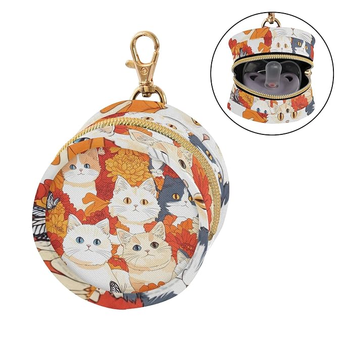 Pacifier Holder with Clip Pacifier Case for Diaper Bag Round Baby Pacifier Pouch Box Bag Portable Orange Chrysanthemum and Cute Cats Butterflies