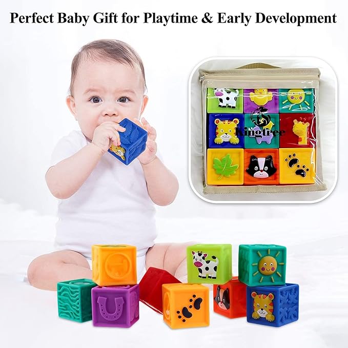 Kingtree Baby Blocks, 9PCS Soft Squeeze Building Blocks Stacking Toys for 6+ Months Babies, Baby Teething Chewing Educational Blocks Set with Numbers Animals Shapes Textures