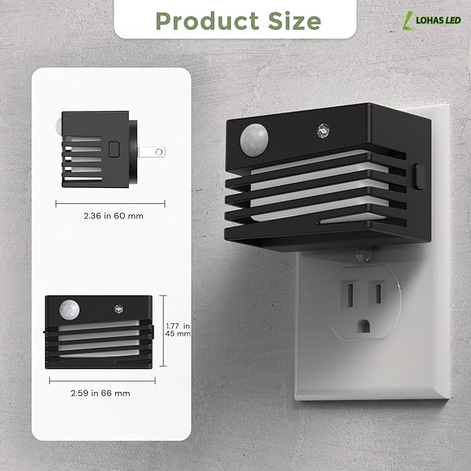 L LOHAS LED Plug in Motion Sensor Night Lights, Dusk to Dawn Sensor, [2 Pack] Dimmable Night Light Plug into Wall, Adjustable Brightness, 3000K Soft White for Bedroom Bathroom Hallway (Black)