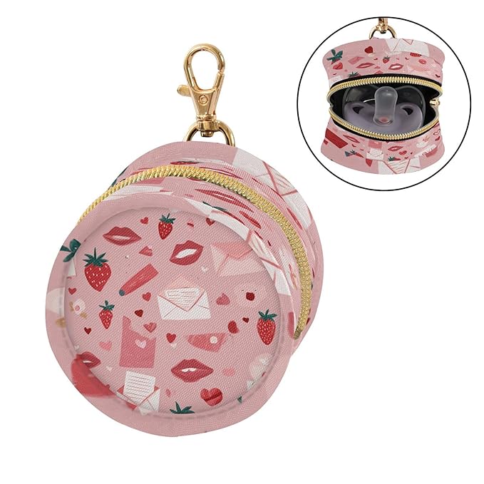 Pacifier Holder with Clip Pacifier Case for Diaper Bag Round Baby Pacifier Pouch Box Bag Portable Valentine Pink Strawberries Hearts Love Letters