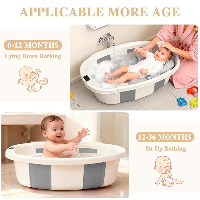 Baby Bathtub, Baby Bath Tub with Thermometer & Soft Cushion, Collapsible Infant Bathtub for Newborn to Toddler 0-36 Months, Quick Use & Portable for Travel(Grey)