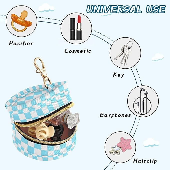 Checkered Plaid Sky Blue Print Pacifier Holder Case with Metal Clip Portable Pacifier Storage Container Box for Baby Boys