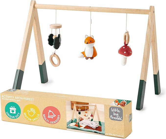 Little Big Friends Wooden Baby Activity Gym ??Montessori Play Gym for Babies | Encourages Motor Skills & Sensory Development | Includes Crinkle Fabrics, Wooden Chimes & Hanging Toys ??Forest