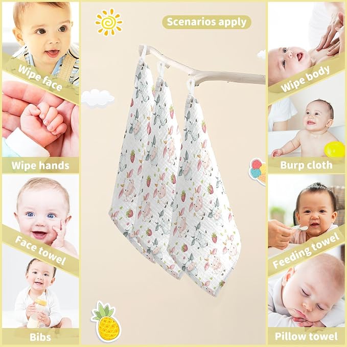 vvfelixl Cow Pink Cartoon Strawberry Baby Burp Cloths Baby Muslin Washcloths for Boys Girls Cotton Babys Face Towel for Newborn Infants Soft and Absorbent 11.8 X 11.8 in, 5 Pack