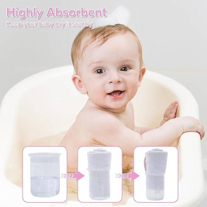 Viviland 6 Pcs Hooded Baby Towels and Washcloths Set, Super Gentle Bath Towels for Newborn Face & Body, Absorbent Wash Cloth for Infants Girls, Pink-Rainbow Pattern, 28 x 28 inch