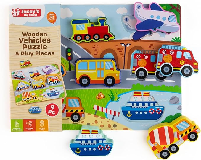 Jasey's Toy Chest Wooden Vehicles Puzzle & Play Pieces - 9-Piece Chunky Wooden Board Set with Train, Airplane, Police Car, Fire Truck, & More for Toddlers Ages 12+ Months
