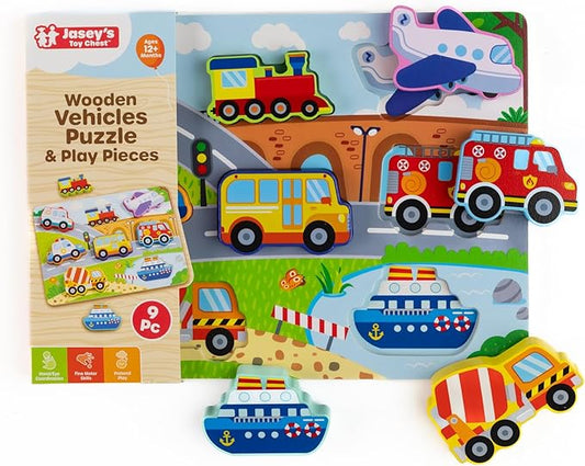 Jasey's Toy Chest Wooden Vehicles Puzzle & Play Pieces - 9-Piece Chunky Wooden Board Set with Train, Airplane, Police Car, Fire Truck, & More for Toddlers Ages 12+ Months