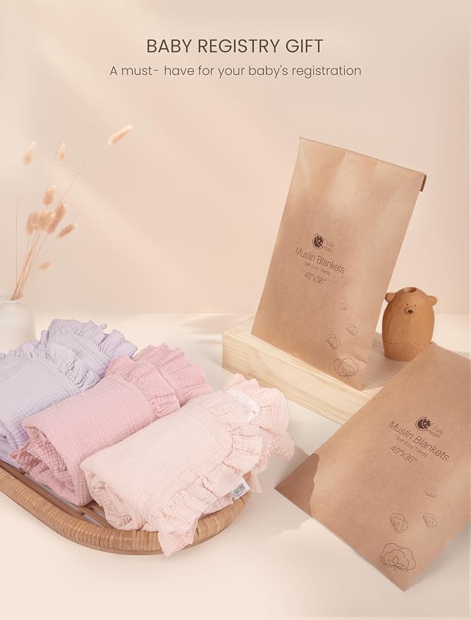lulumoon Ruffle Baby Blanket for Girls: Soft Muslin Cotton Newborn Photo Backdrop - Lightweight Crib Blanket for Nursery Decor & Baby Registry Gift 40"x36"(Pink)