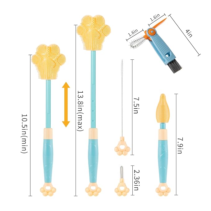 Chemimoso Adjustable Handle Length 10.5-13.8in Water Cup Cleaner Bottle Brush, Silicone Baby Bottle Brush, Pot Brush Cleaner, Blue