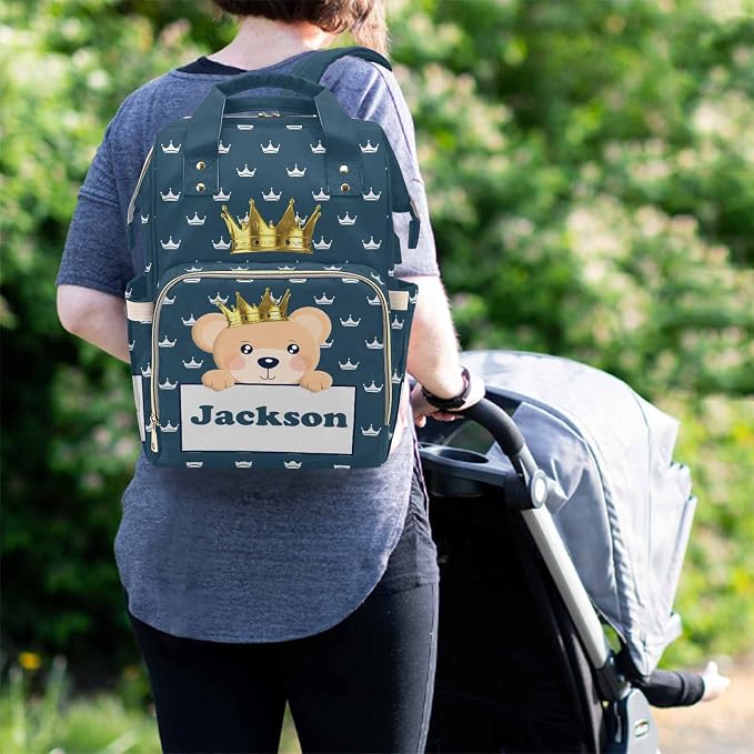 M YESCUSTOM Diaper Bag Custom Name Personalized Crown Diaper Bag with Cartoon Prince Bear Suits for Women Travel Outdoor Use Dark Blue