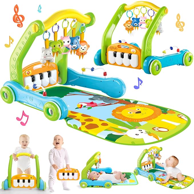 4-in-1 Baby Gym Play Mat with Learning Walker, Tummy Time Mat & Baby Push Toys for Newborn Infant 0-3-6-9-12 Month Boy Girl, Babies Activity Center with Play Piano & Lights, Ideal Toddler Baby Gifts