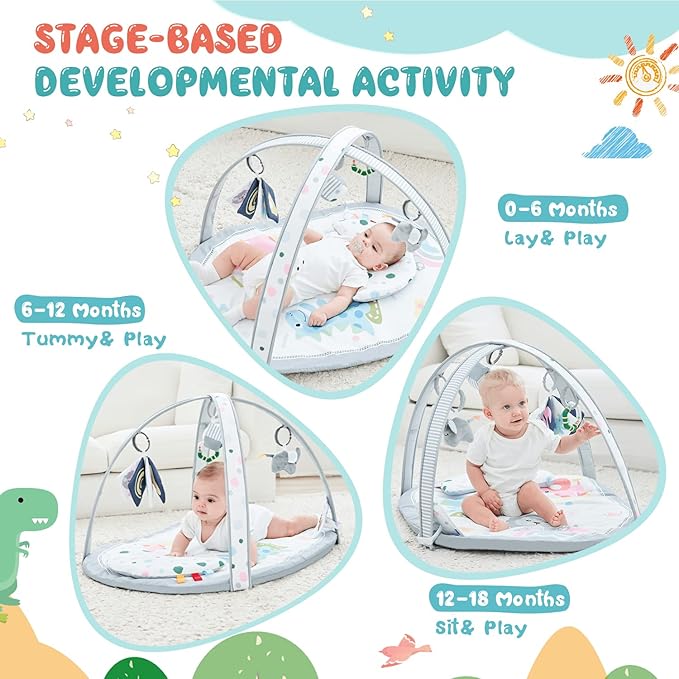 Baby Play Mat, ibabejoy Stage-Based Play Gym with 2 Machine Washable Mat Covers for Newborn to Toddler, 7 in 1 Activity Mat for Infant Sensory & Motor Skills Development, Thicker Non-Slip