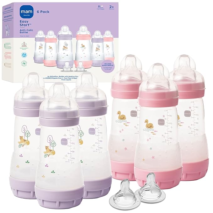 MAM 9oz Easy Start Anti-Colic Baby Bottles, Medium Flow with 2 Bonus Nipples Set (Fast & Extra Fast Flow), Reduces Colic, Gas, & Reflux, Easy-to-Clean, BPA-Free, 2+ Months, Made in Europe Pack of 6