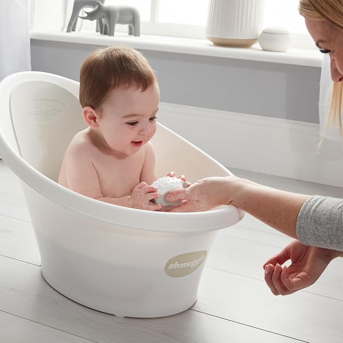 Shnuggle Newborn Baby Bath | Built in Support Bump and Soft Backrest | Suitable from Newborn | Bath Seat Support Includes Plug | Pebble Grey