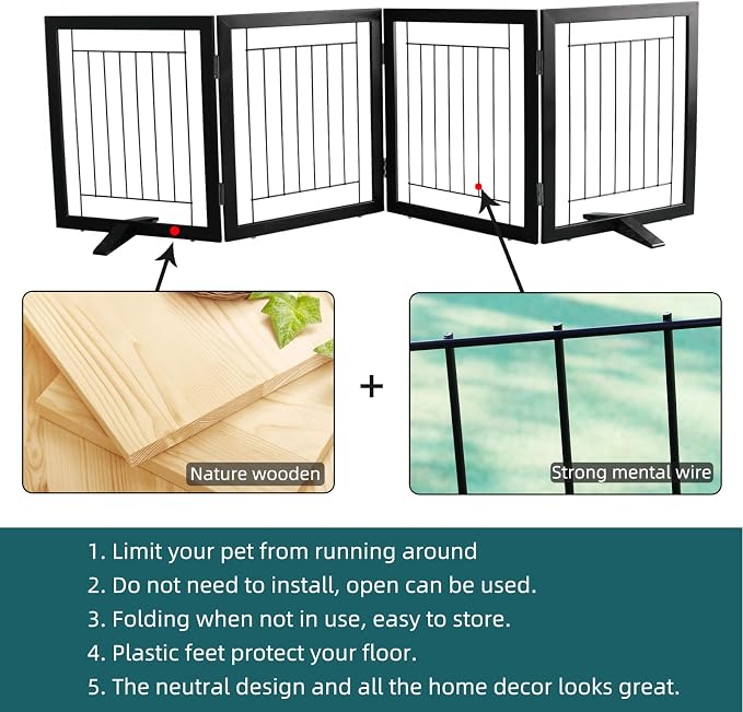 Dog Fence Indoor - 4-Panel Freestanding Dog Gate for Doorways, Hallways, House or Stairs -80x24-Inch Retractable Foldable Expandable Wood Pet by SFJC (Black)