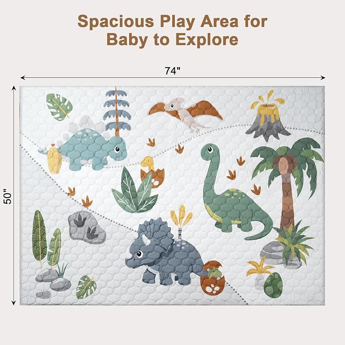 2-in-1 Baby Play Mat Indoor & Outdoor, 74x50in Thick Foam Playpen Mat with Waterproof Removable Cover, Non-Slip Soft Crawling Floor Mat for Infants, Toddlers, Travel, Picnic & Camping, Dinosaur