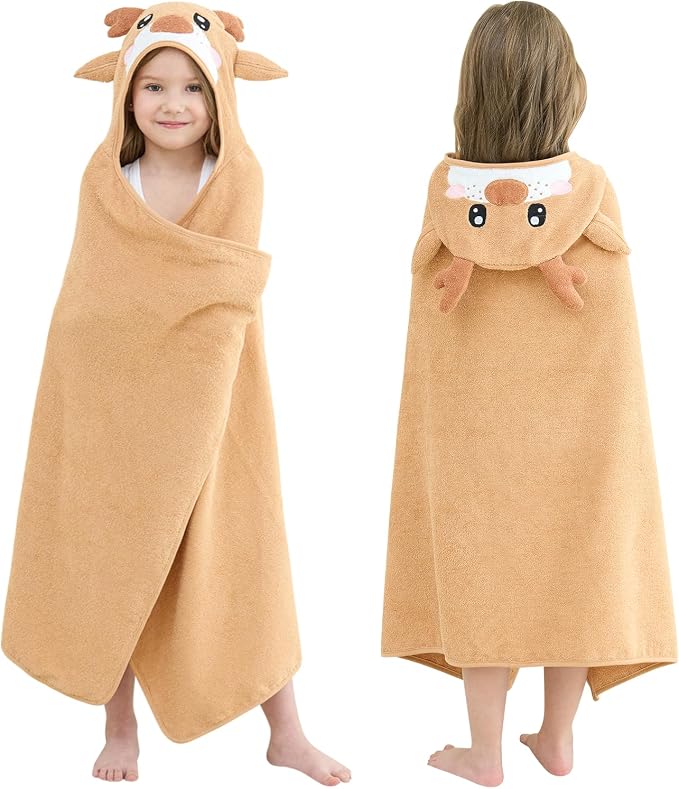 Style Quarters Brown Elk Hooded Towel for Kids – Soft, Absorbent Cotton, Embroidered Baby Bath Towel, Cozy, Lightweight – Ideal for Toddlers & Children(50"x30")