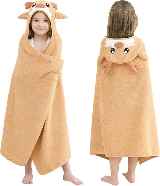 Style Quarters Brown Elk Hooded Towel for Kids – Soft, Absorbent Cotton, Embroidered Baby Bath Towel, Cozy, Lightweight – Ideal for Toddlers & Children(50"x30")