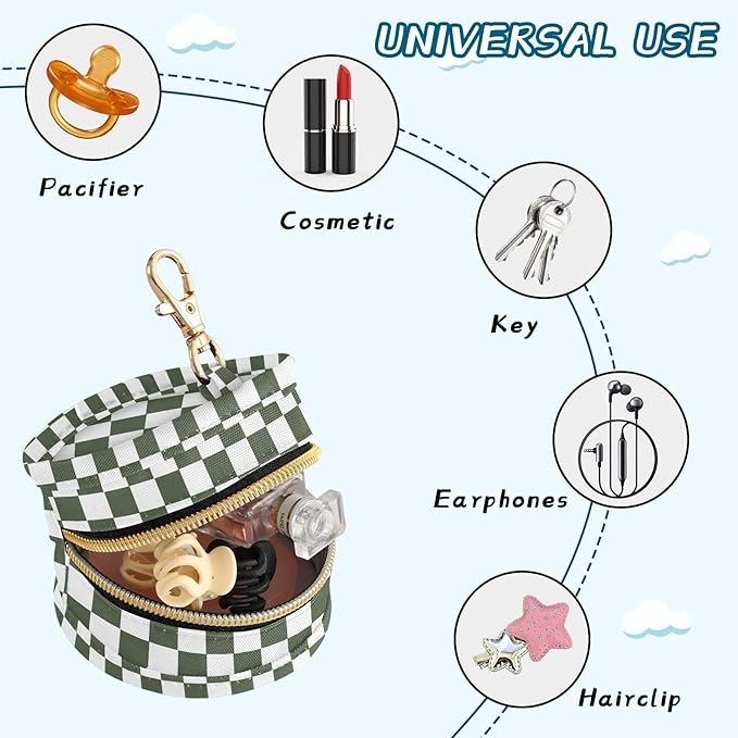 Checkered Plaid Olive Green Pattern Pacifier Holder Case with Metal Clip Portable Pacifier Case for Newborn Baby Boys Girls