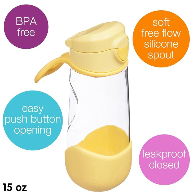 b.box 15oz Sport Spout Kids Water Bottle for School, Sports, Daycare - No-Straw Design for Easy Cleaning - Leakproof - Ergonomic Triangle Grip - Dishwasher Safe, BPA Free, PFAS Free - Lemon Twist