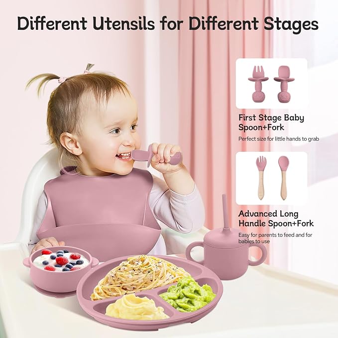 Silicone Baby Feeding Set, BPA Free Baby Feeding Essentials, Baby Suction Bowl, Plates, Bib, Sippy Cup, Spoons set, Baby Led Weaning Supplies to Develop Self-feeding Skills (Pink, With Lid)