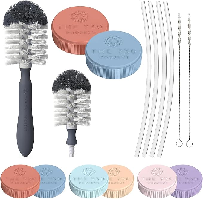The 730 Project Honey Bear Cup Accessory Pack, 4 Straws and 2 Travel Lids for Honey Bear Straw Cup for Babies with Bottle Brush and Straw Cleaner Brush (Blue)