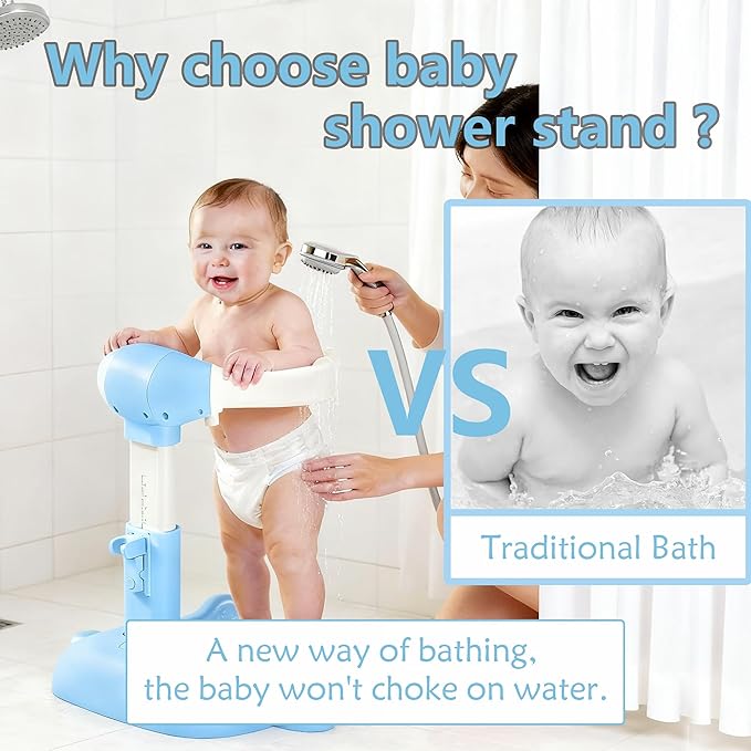 Foldable Baby Shower Stand, Toddler Shower Stand with Anti-Slip Base & Anti-Pinch Silicone, Baby Shower Standing Support 6-36 Months,Baby Stand Up Shower |Soporte para Bañera de Bebé (Blue Whale)