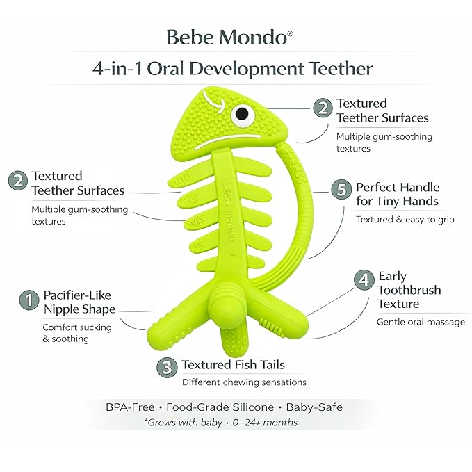 3 in 1 Infant Toys, Baby Teething Toys 3?? 6??2 Months, Teethers for Babies 0??????2 Months for Teething Relief, Baby Gift, Baby Teether Toys, Silicone Sensory Toys, USA Patent Pending, Fish (Green)