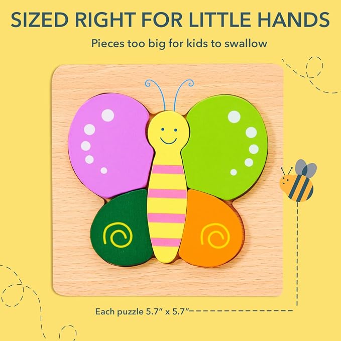 Magifire Wooden Puzzles, Set of 4 Puzzle Toys for Kids Toddlers 1–3, Baby Educational Animal Toys with Chunky Pieces & Bag - Butterfly, Bee, Ladybug, Bear