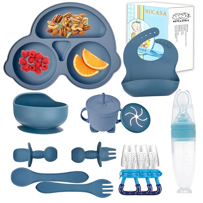 Silicone Baby Feeding Set,Miicasa Baby Led Weaning Supplies Kit With Suction Bowl & Car Plate, Bib, Spoon, Fork, Cup - Food-Grade Silicone, Dishwasher-Safe, No BPAs - For 3+ Months