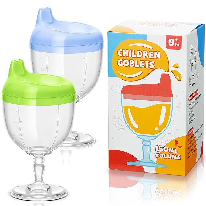 Irenare 2 Pcs Baby Wine Sippy Cup Plastic Goblet Cup No Spill Toddler Sippy Goblet Beverage Milk Water Bottle for Kids Holiday Birthday Party Funny Gift (Goblet Style,Blue,Green)
